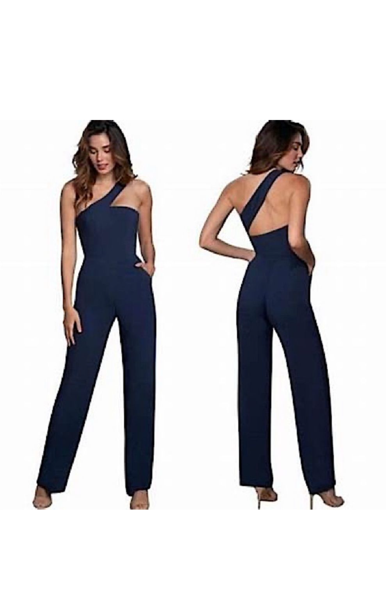 Dress The Population Navy One Shoulder Pantsuit