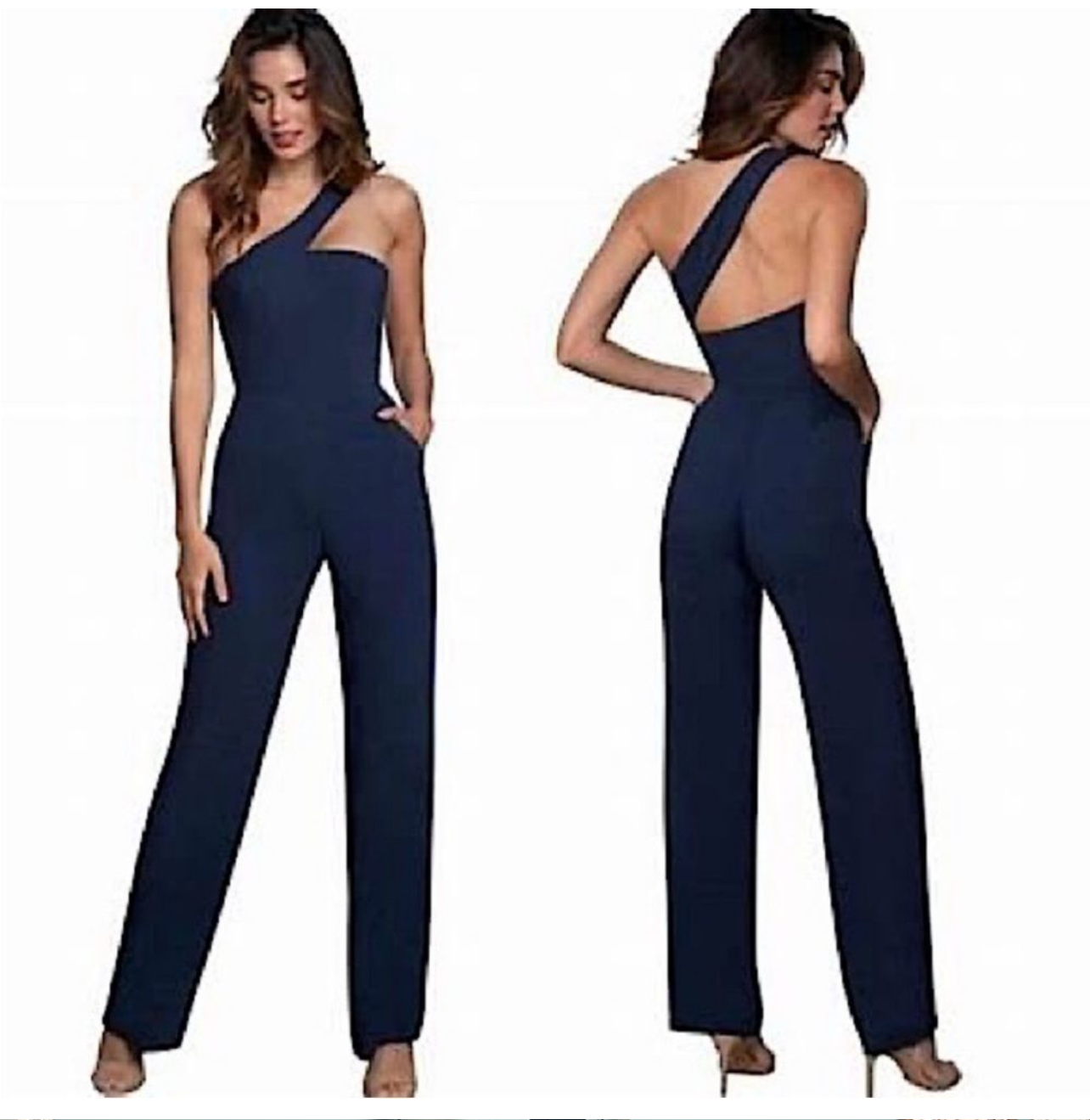 Dress The Population Navy One Shoulder Pantsuit